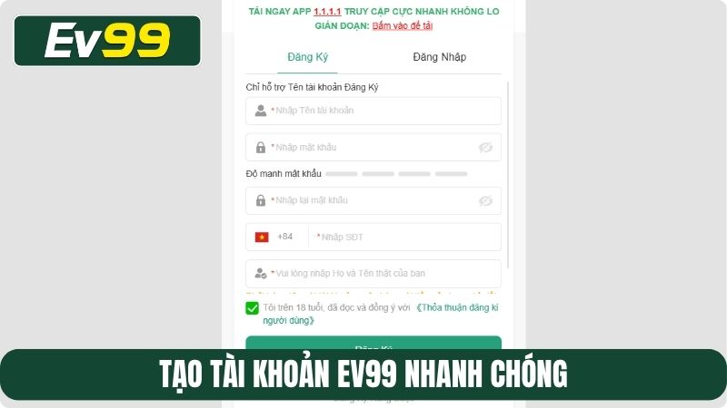 Tạo tài khoản EV99 nhanh chóng