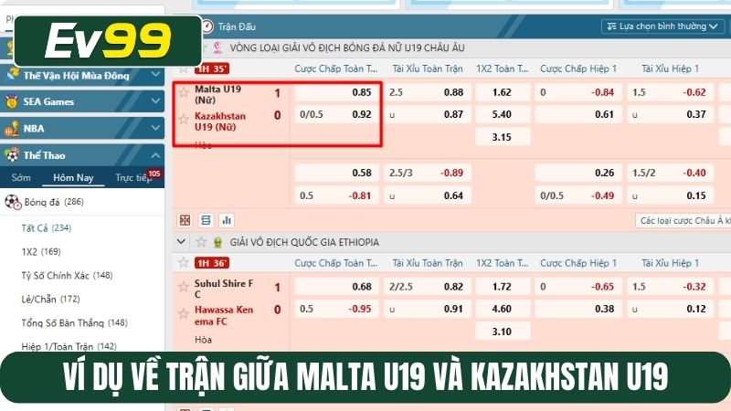 Ví dụ về trận giữa Malta U19 và Kazakhstan U19